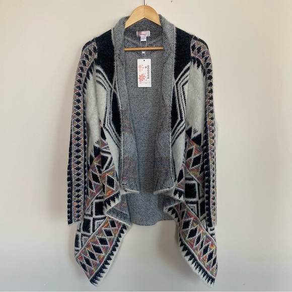 NWT White Open Front Shawl Collar Aztec Southwest Boho Print Cardigan Sweater - Picture 6 of 7